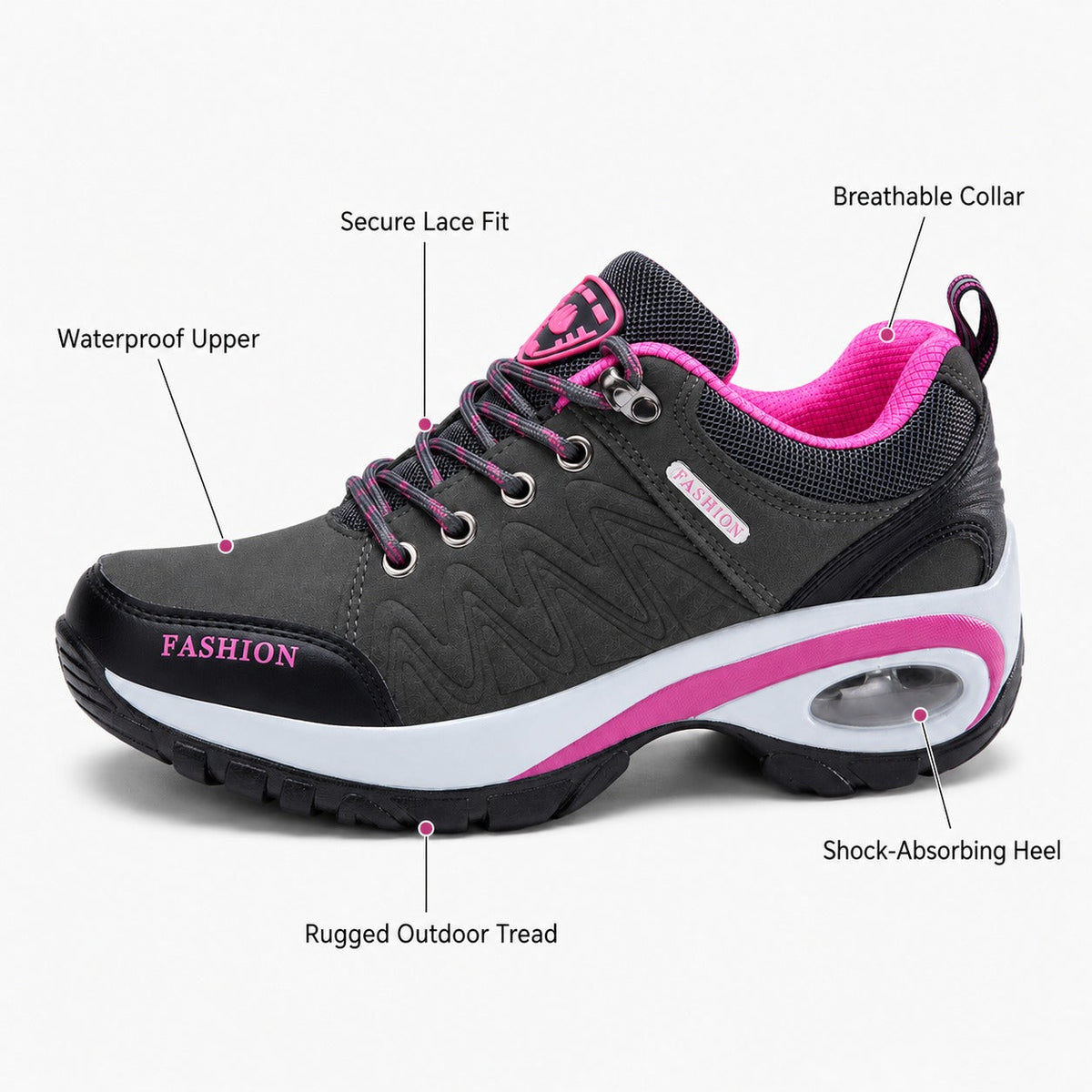 Ridge Waterproof Outdoor Sneakers For Women Colour Grey Front Hero Waterproof Support Feature