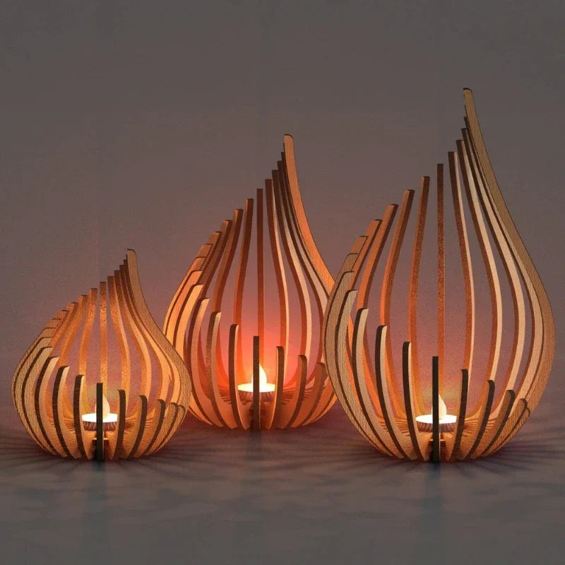 GlimmerDrop Wooden Candle Holder - Hollow Carved, Tea Light Stand