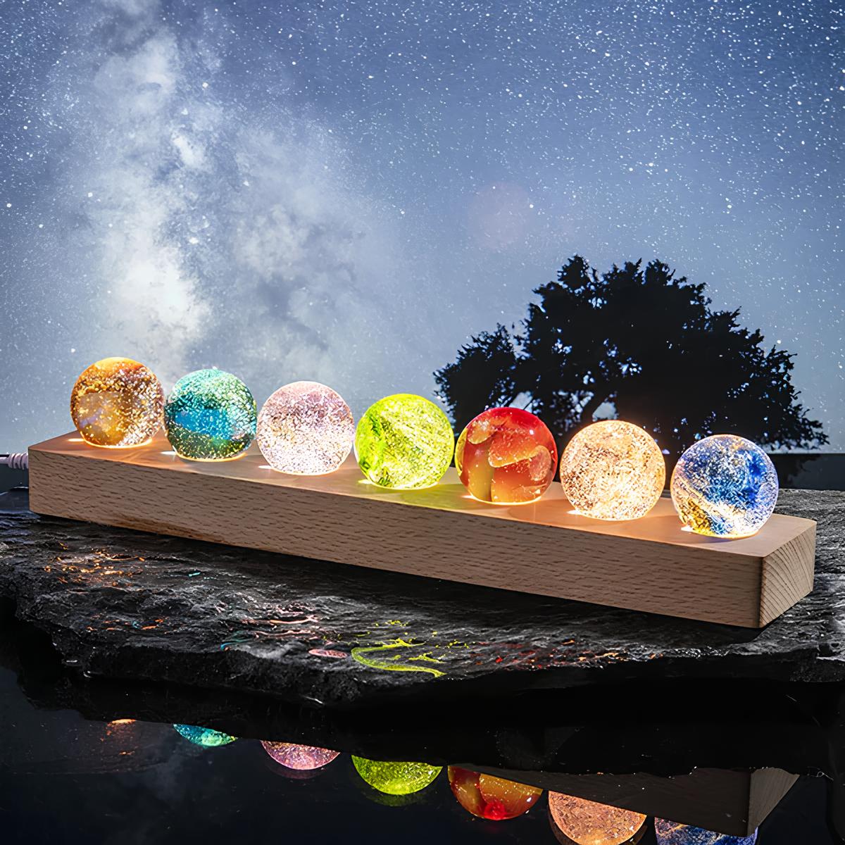 Luminous Crystal Galaxy Orb Set - LED Spheres on Wooden Base