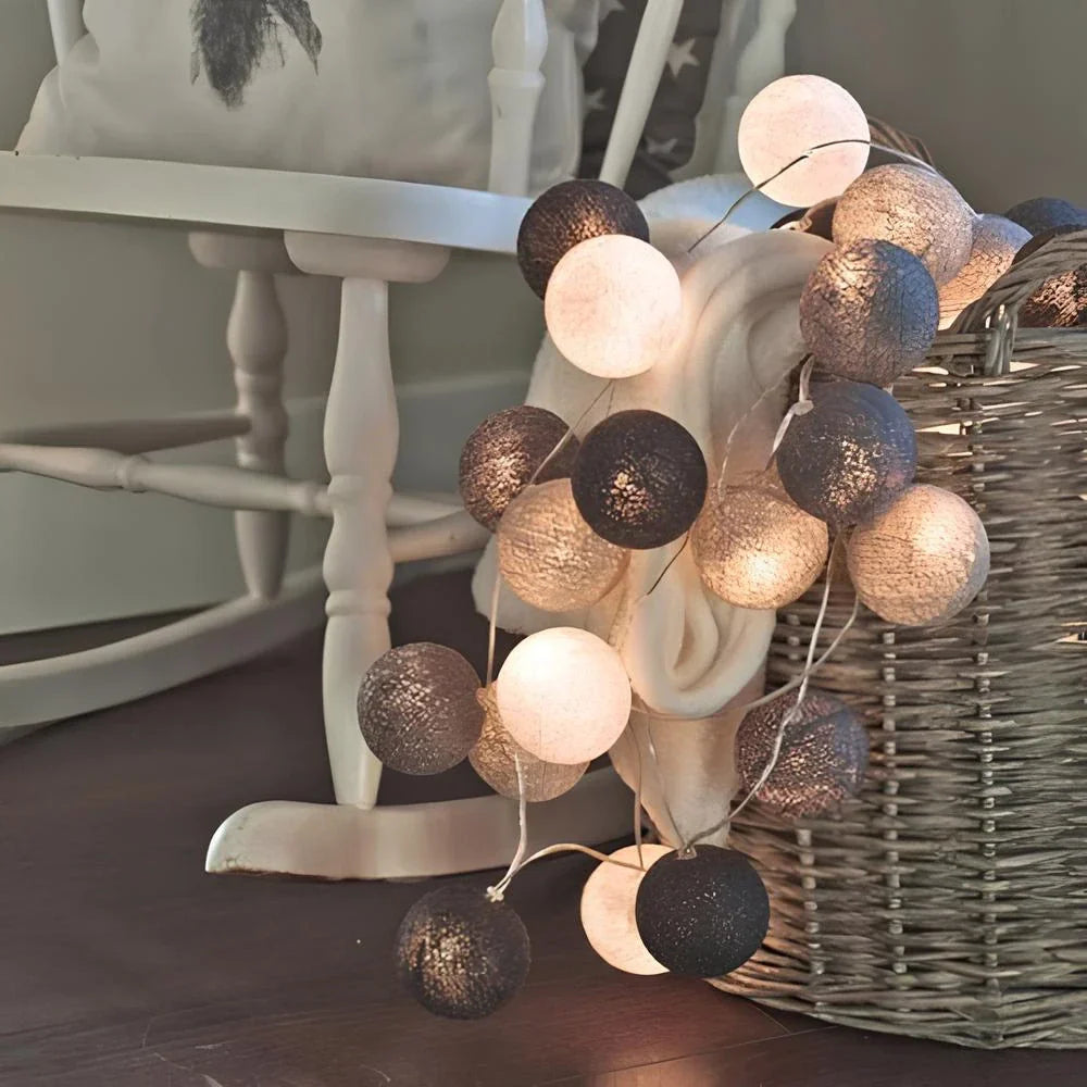 Cotton Ball String Lights - Warm LED Garland, Decorative