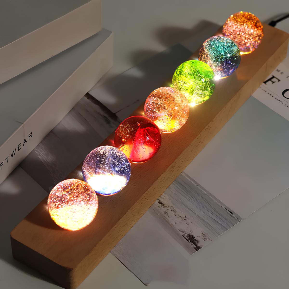 Luminous Crystal Galaxy Orb Set - LED Spheres on Wooden Base