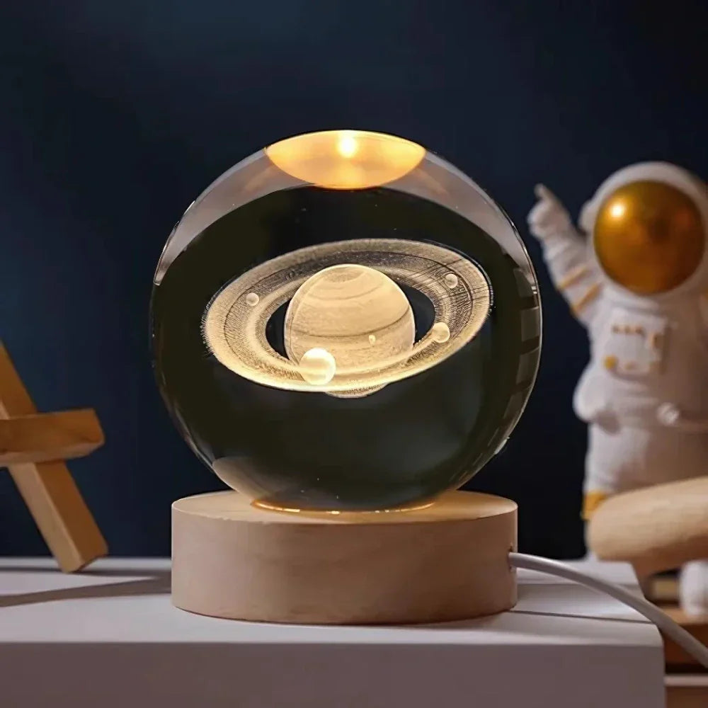Luminous Crystal Ball Lamp - 3D Galaxy Engraved LED, Wooden Base