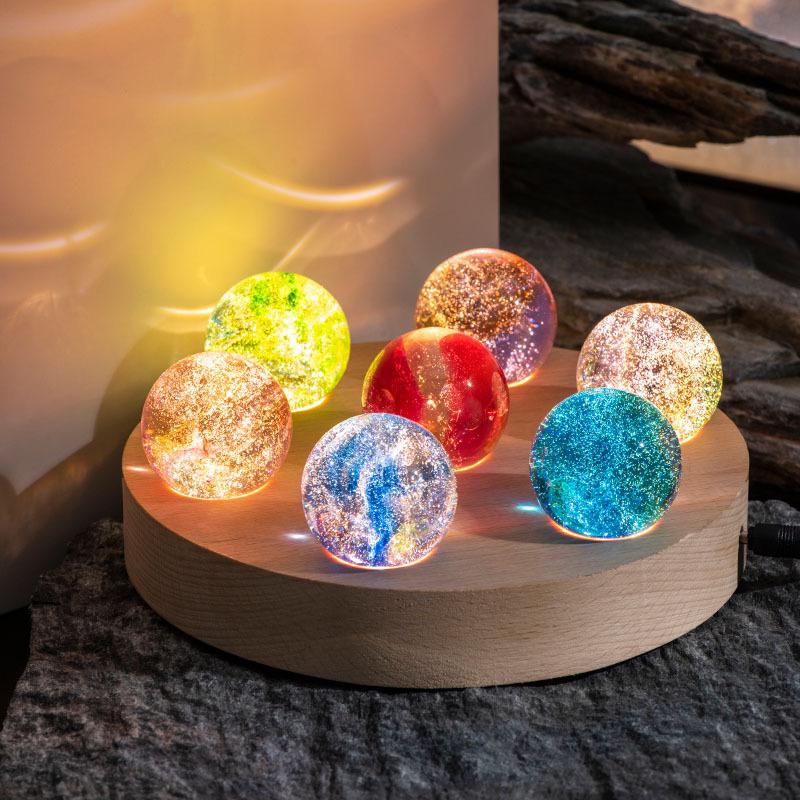 Luminous Crystal Galaxy Orb Set - LED Spheres on Wooden Base