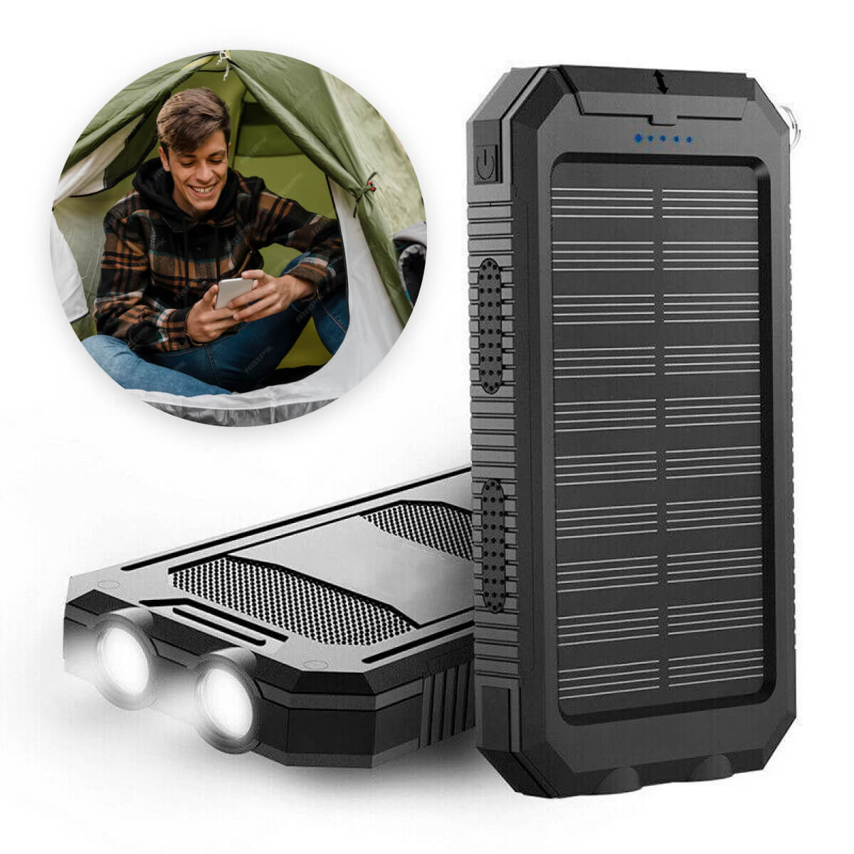 Solar External Power Bank – 20000mAh, Waterproof & Portable USB Charger