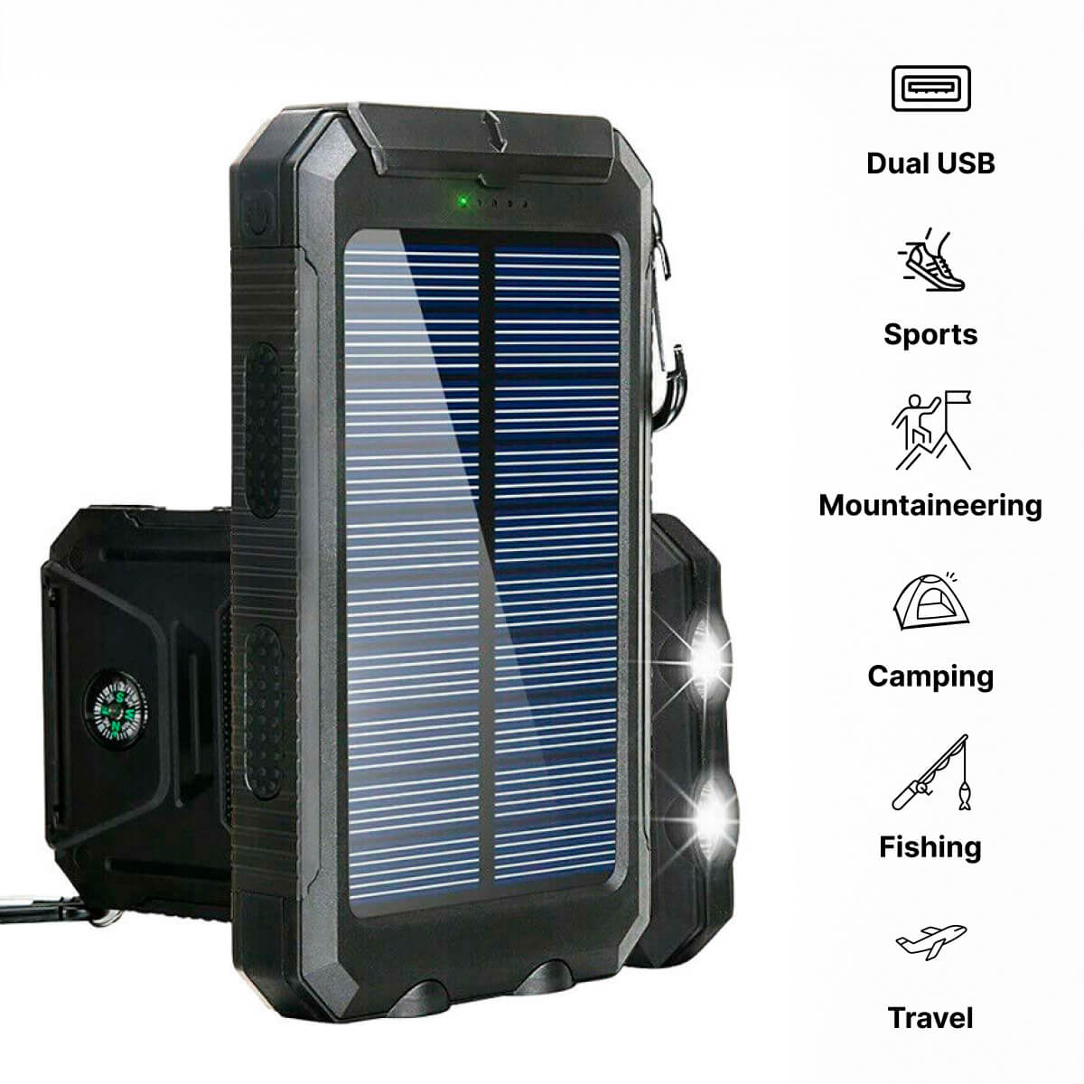 Solar External Power Bank – 20000mAh, Waterproof & Portable USB Charger