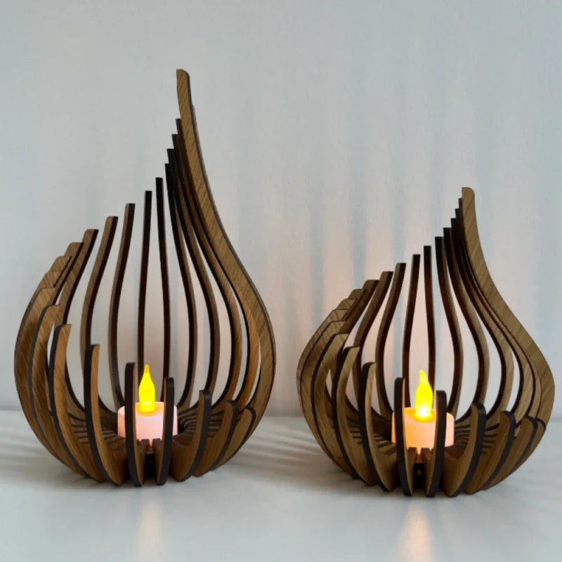 GlimmerDrop Wooden Candle Holder - Hollow Carved, Tea Light Stand