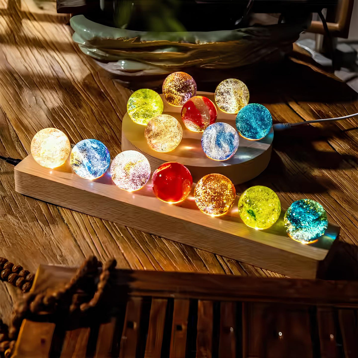 Luminous Crystal Galaxy Orb Set - LED Spheres on Wooden Base