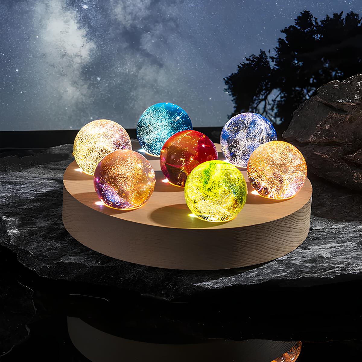 Luminous Crystal Galaxy Orb Set - LED Spheres on Wooden Base