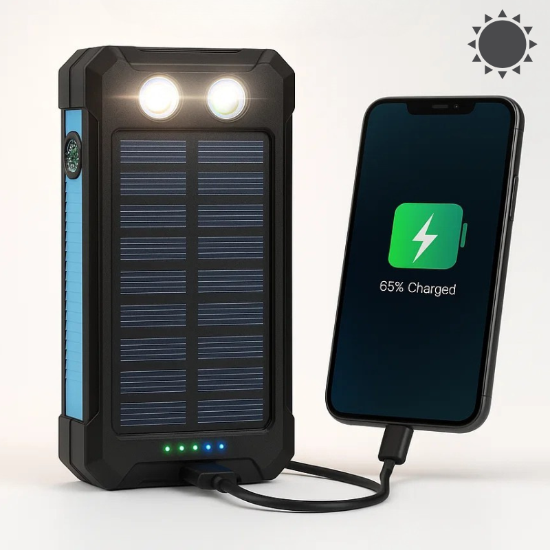 Solar External Power Bank – 20000mAh, Waterproof & Portable USB Charger