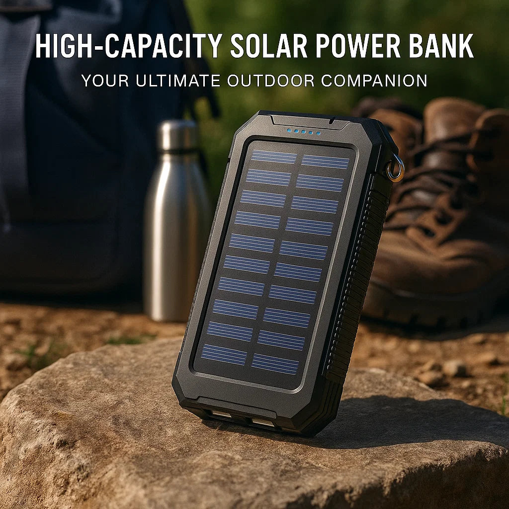 Solar External Power Bank – 20000mAh, Waterproof & Portable USB Charger