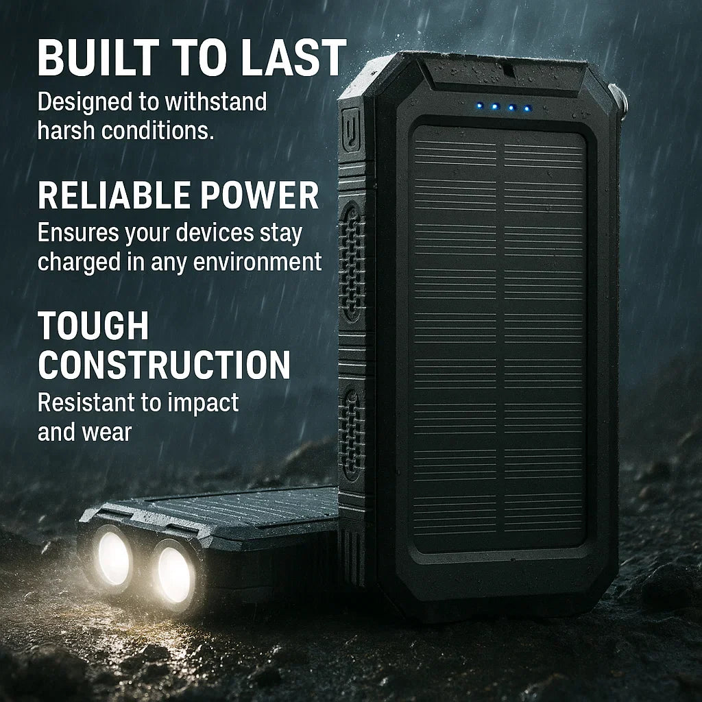 Solar External Power Bank – 20000mAh, Waterproof & Portable USB Charger