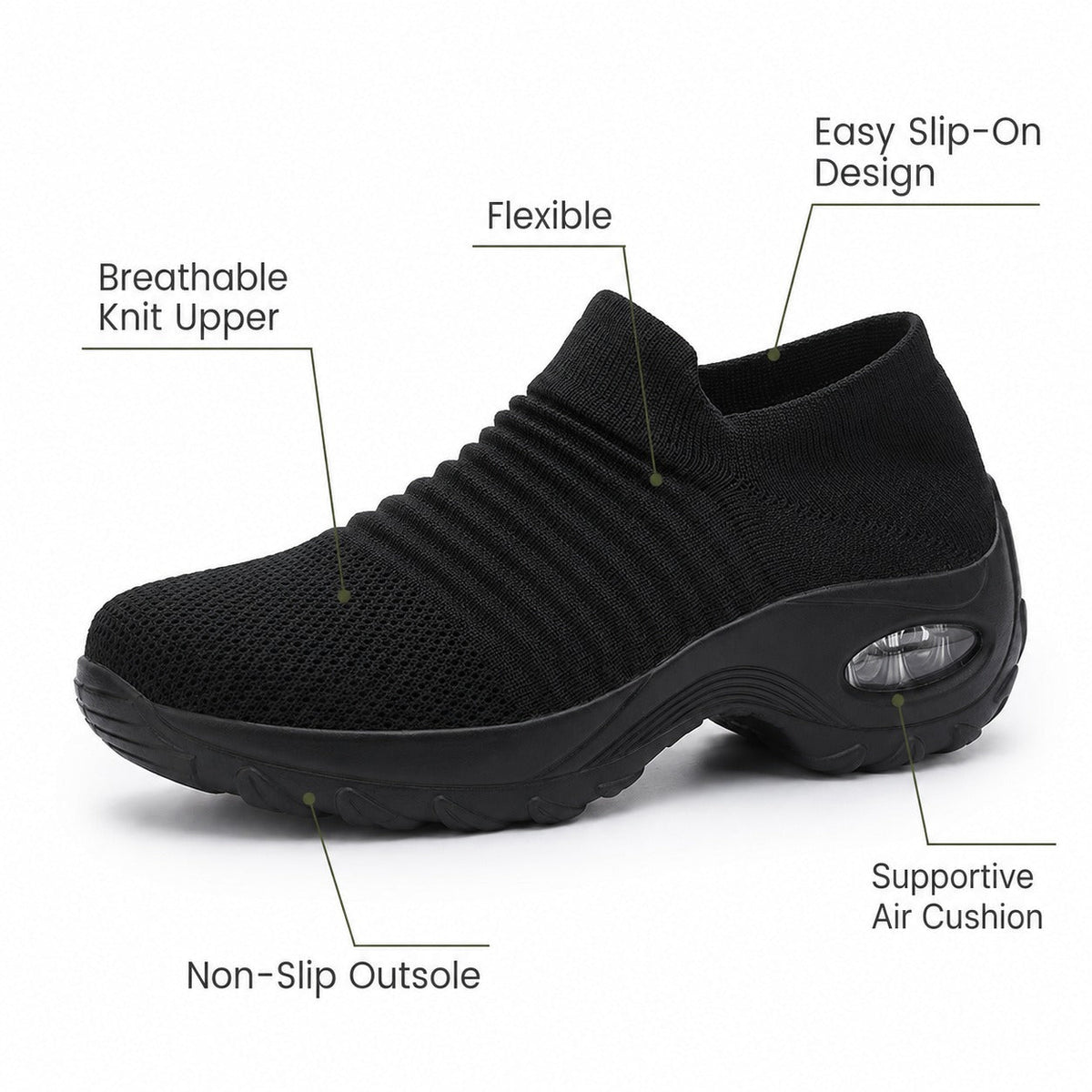 Carestep Non Slip Nursing Shoes For Women Colour All Black Feature Diagram