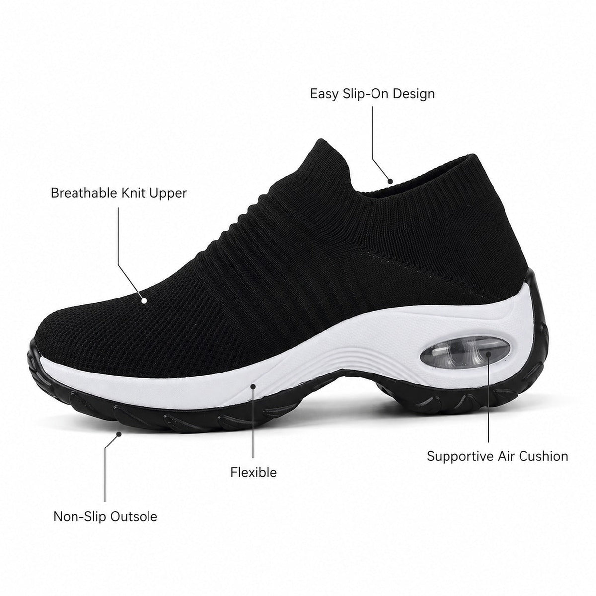 Carestep Non Slip Nursing Shoes For Women Colour Black White Feature Diagram