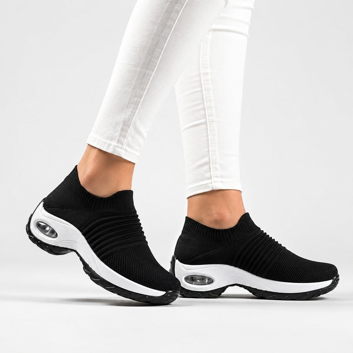 Carestep Non Slip Nursing Shoes For Women Colour Black White Model Wearing