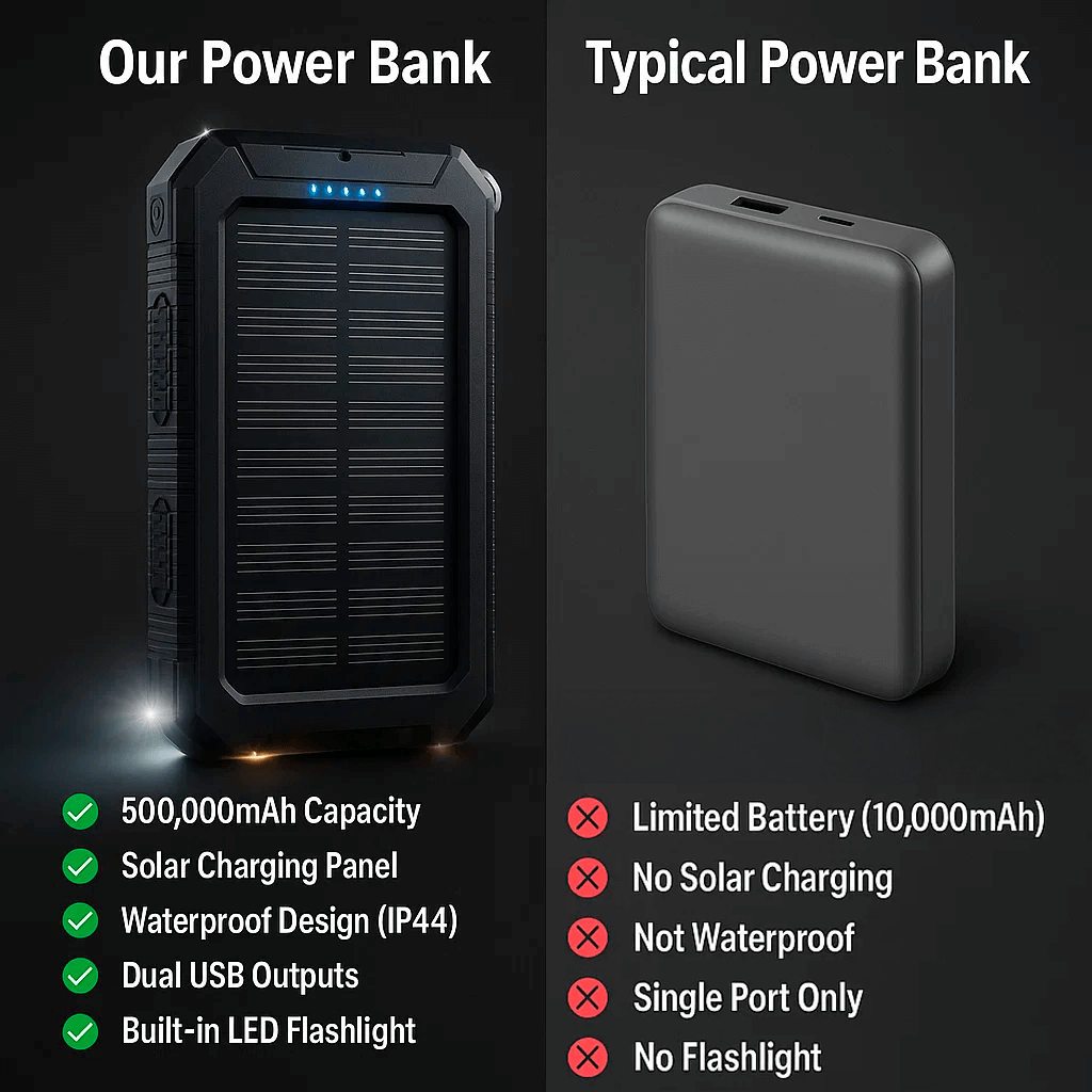 Solar External Power Bank – 20000mAh, Waterproof & Portable USB Charger