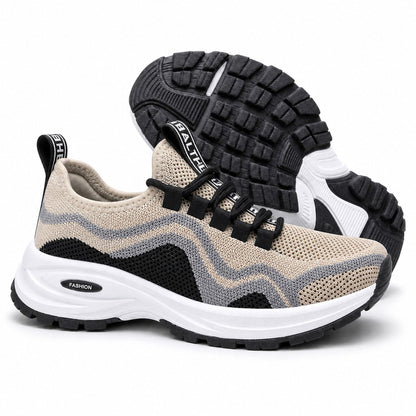 Cora Supportive Lace Up Walking Shoes For Women Beige Black Front Hero Pair Sole