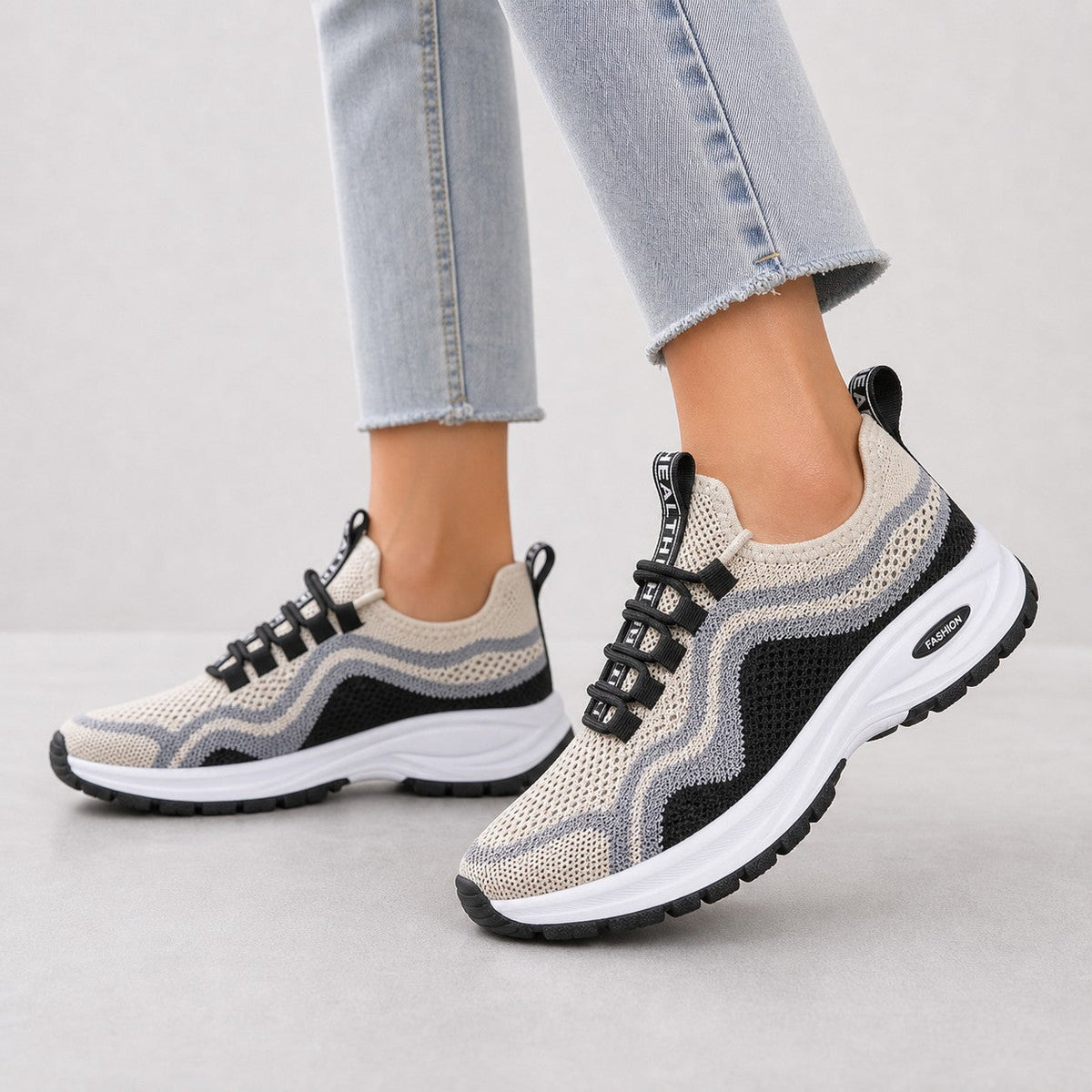 Cora Supportive Lace Up Walking Shoes For Women Beige Black Model Wearing