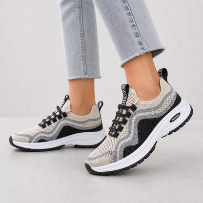 Cora Supportive Lace Up Walking Shoes For Women Beige Black Model Wearing