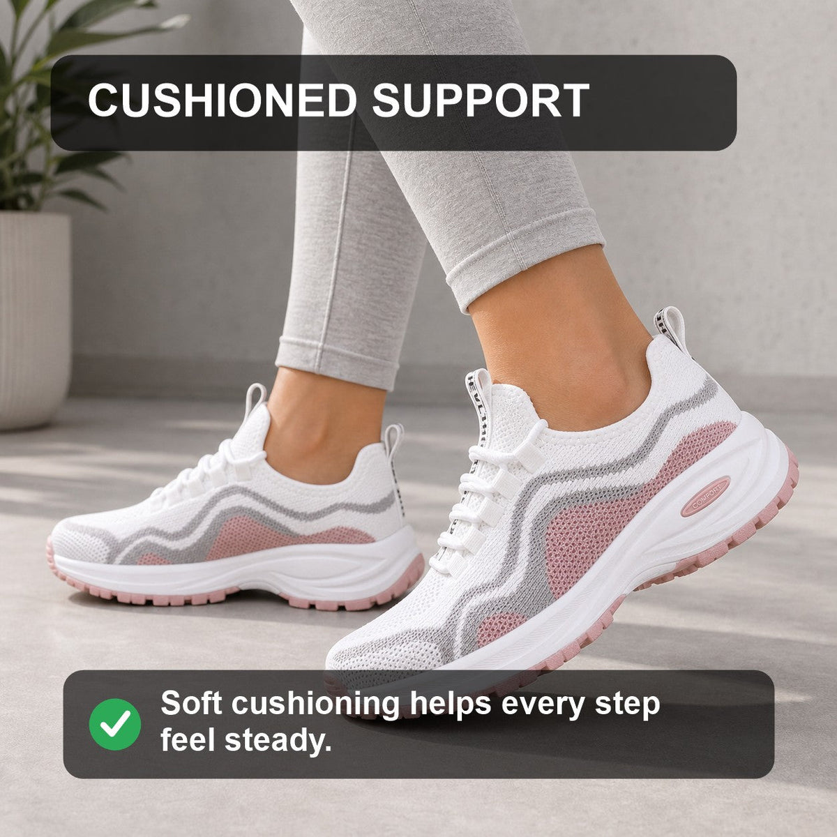Cora Supportive Lace Up Walking Shoes For Women White Blush Pink Cushioned Support Feature
