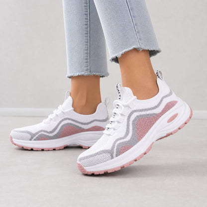 Cora Supportive Lace Up Walking Shoes For Women White Blush Pink Model Wearing