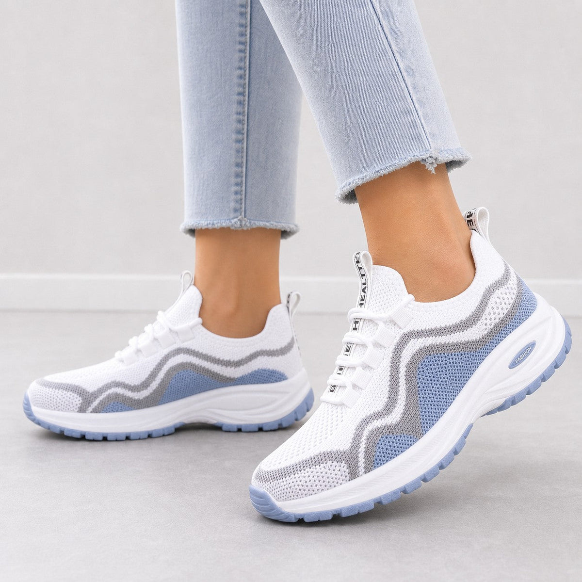 Cora Supportive Lace Up Walking Shoes For Women White Light Blue Model Wearing