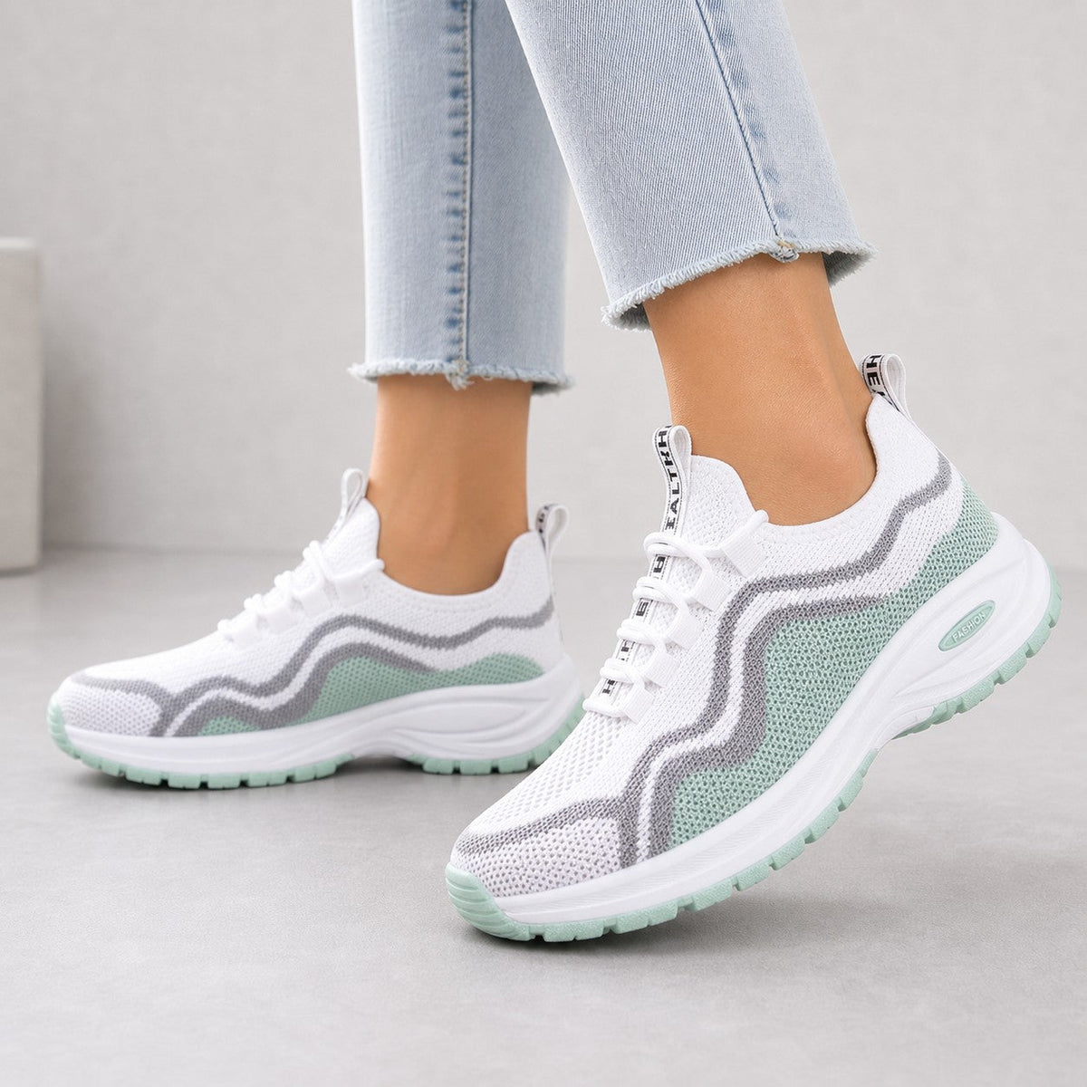 Cora Supportive Lace Up Walking Shoes For Women White Mint Model Wearing