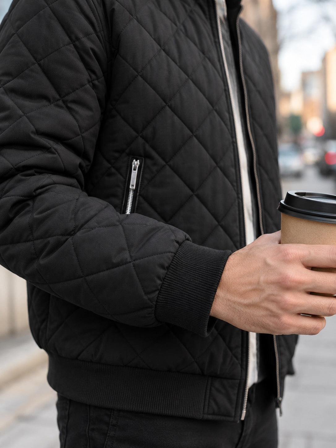 Corvo Men's Fleece-Lined Bomber Jacket - Black, ribbed cuff and zip pocket close-up