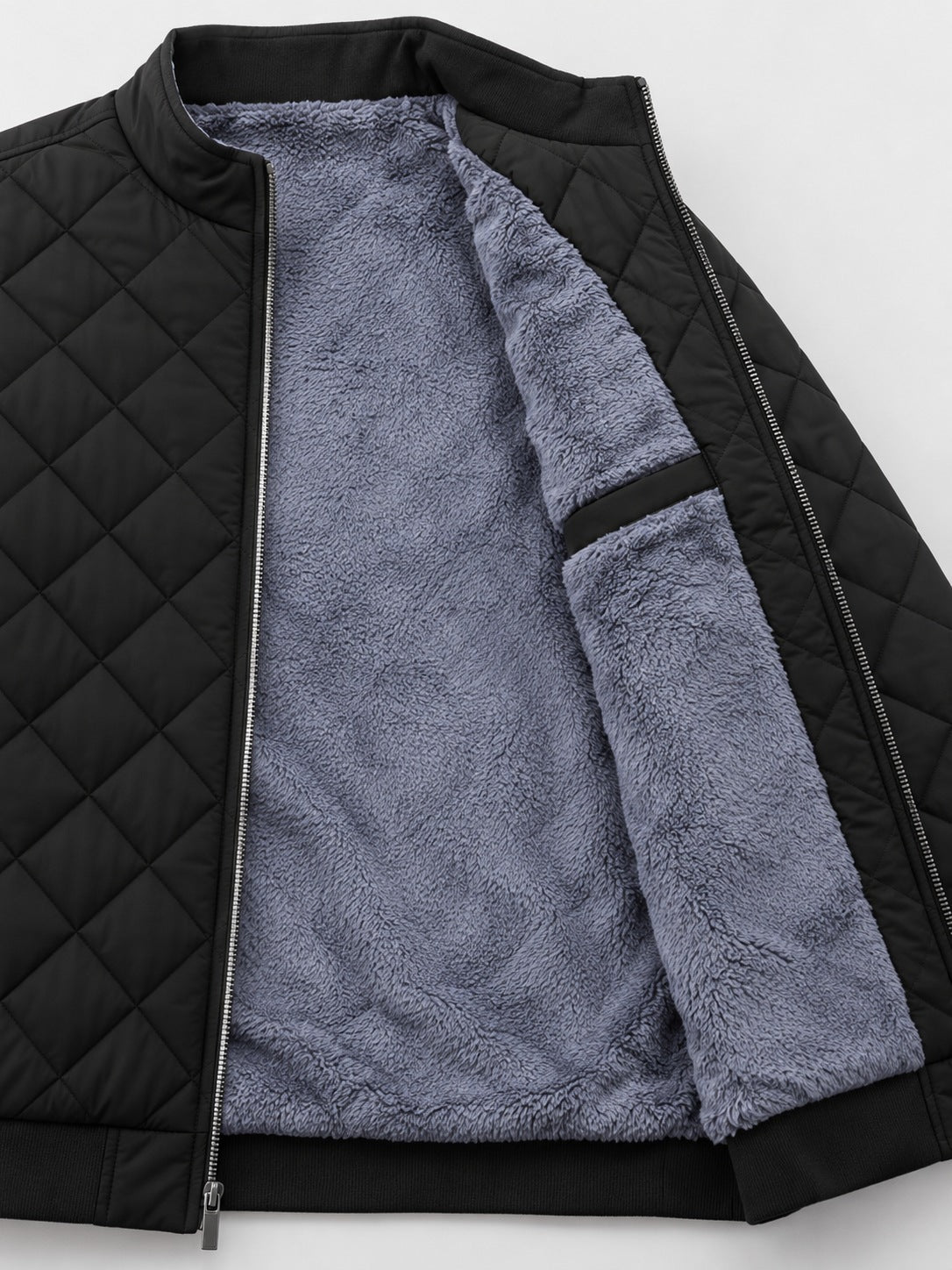 Corvo Men's Fleece-Lined Bomber Jacket - Black, opened to show the thick fleece lining