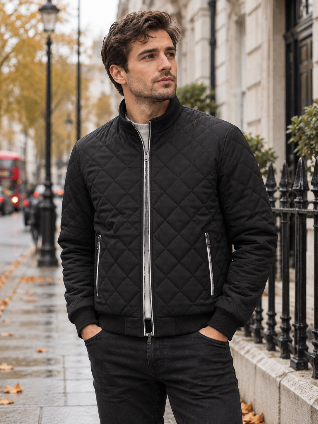 Corvo Men's Fleece-Lined Bomber Jacket - Black, worn on a London street