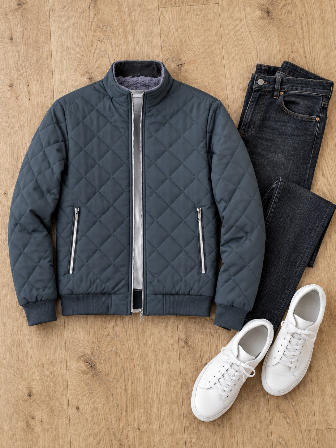 Corvo Men's Fleece-Lined Bomber Jacket - Slate Grey flat lay with jeans and trainers