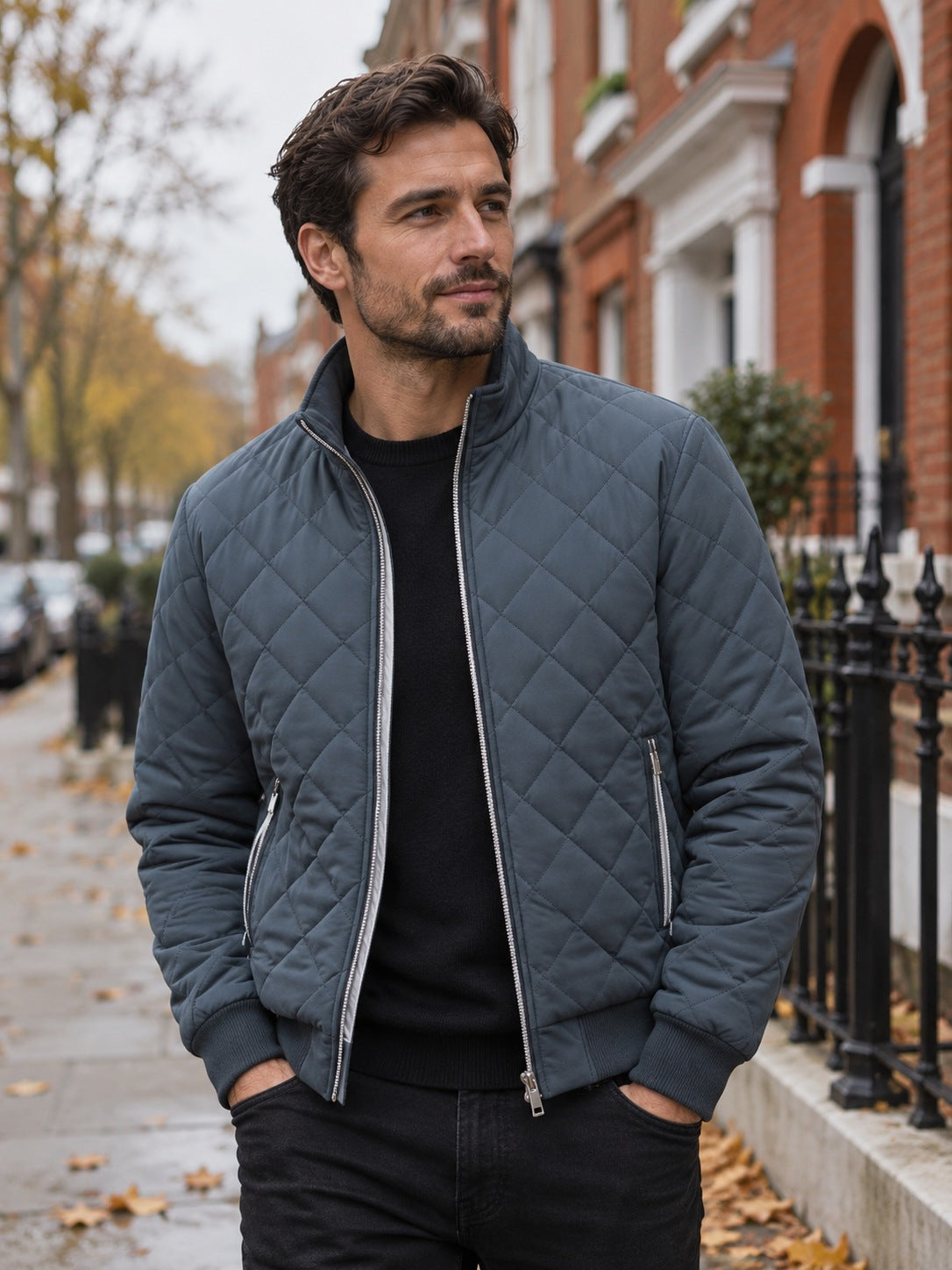 Corvo Men's Fleece-Lined Bomber Jacket - Slate Grey, worn open over a black jumper