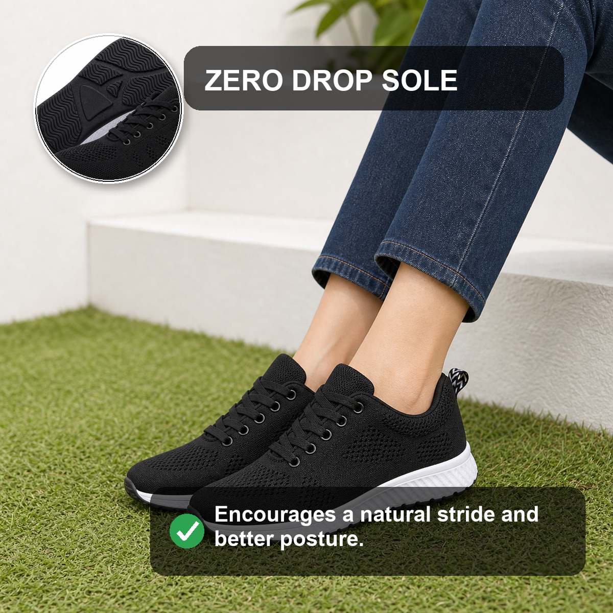 EaseStep Women's Comfort Walking Flat Shoes black zero drop sole feature