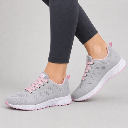 EaseStep Women's Comfort Walking Flat Shoes grey pink model worn walking view