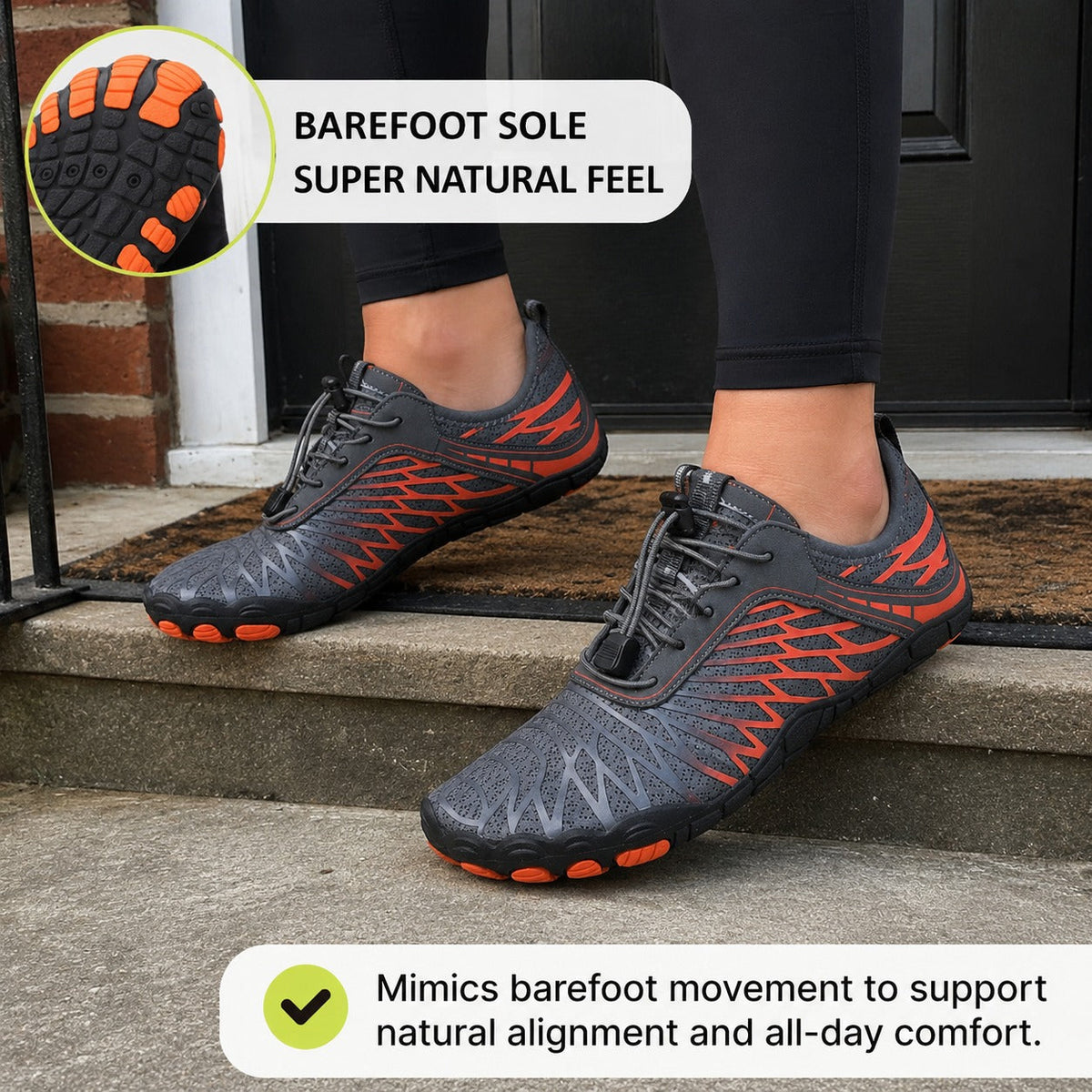 Flux Flexible Sole Barefoot Shoes For Women Colour Grey Orange Barefoot Sole Lifestyle