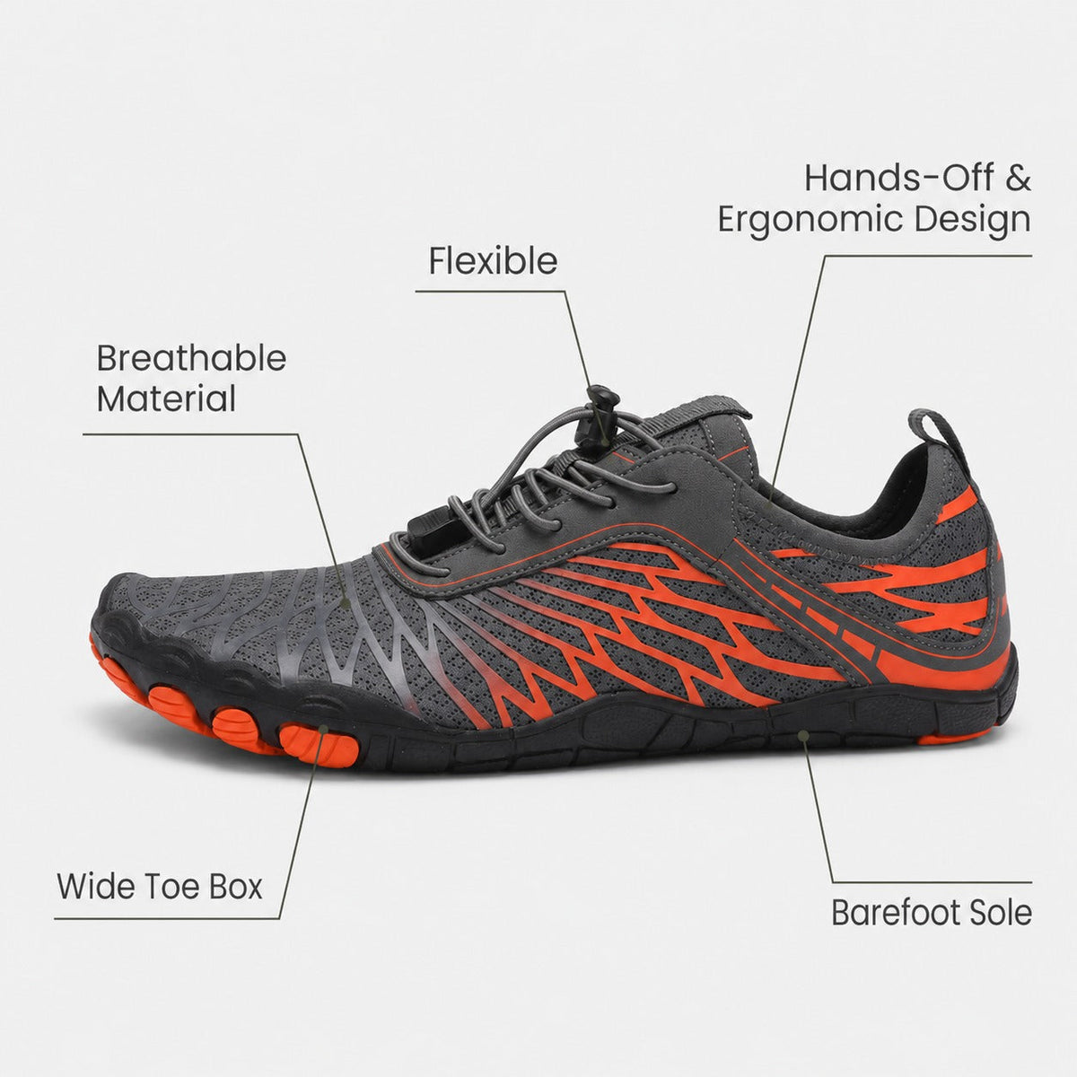 Flux Flexible Sole Barefoot Shoes For Women Colour Grey Orange Feature Diagram