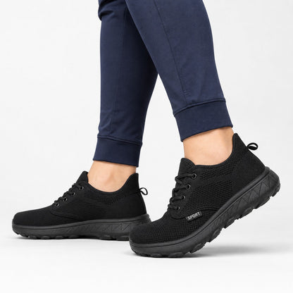 Freestep Womens Wide Toe Walking Shoes Black Model Wearing