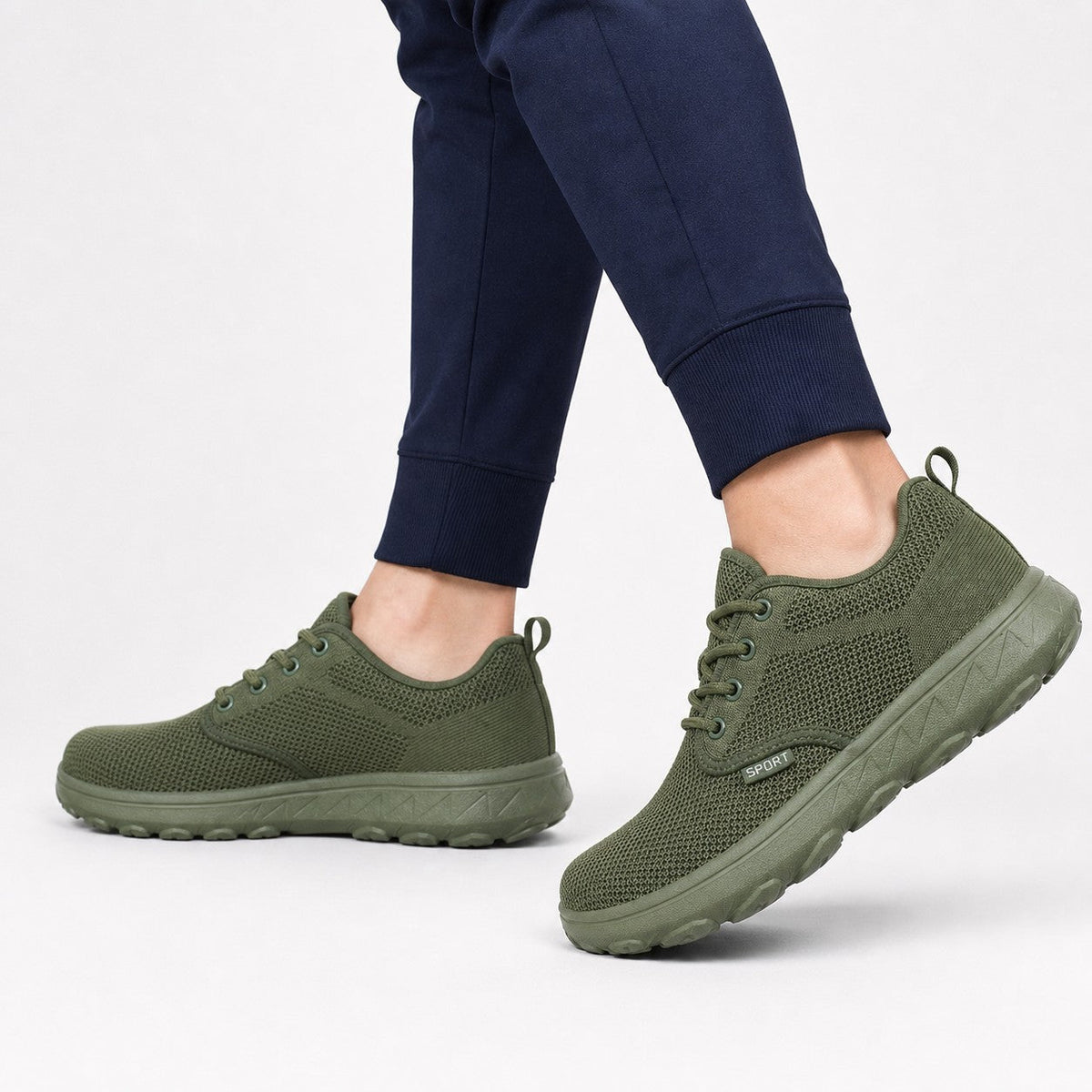 Freestep Womens Wide Toe Walking Shoes Green Model Wearing