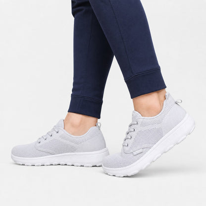 Freestep Womens Wide Toe Walking Shoes Light Gray Model Wearing