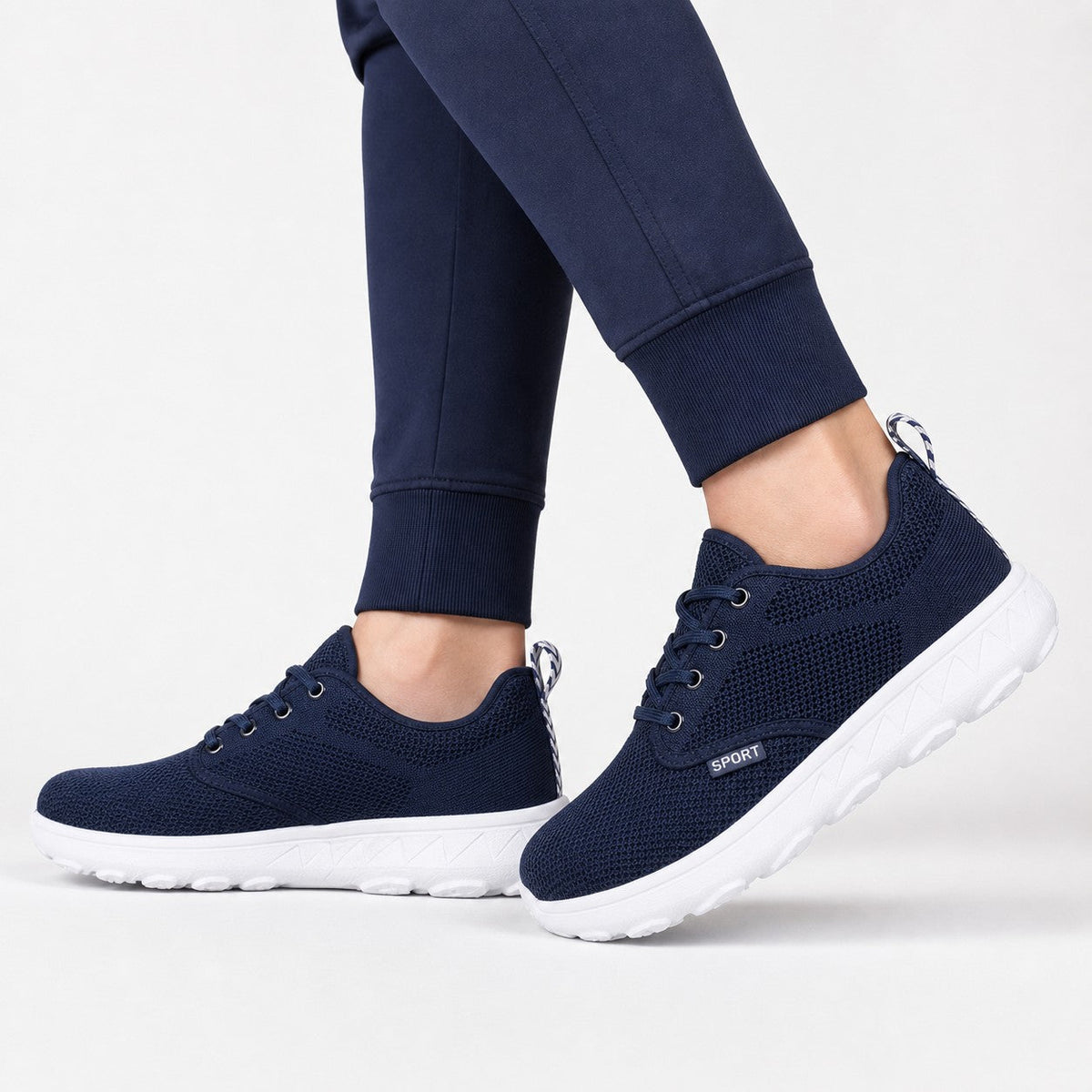Freestep Womens Wide Toe Walking Shoes Navy Blue Model Wearing