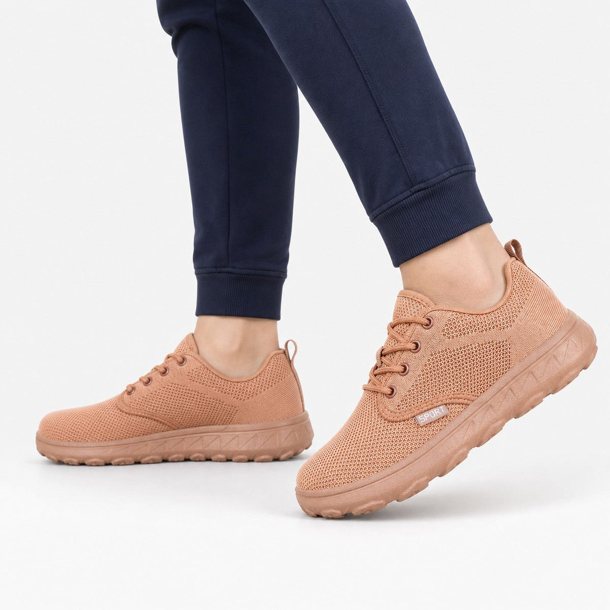 Freestep Womens Wide Toe Walking Shoes Peach Model Wearing