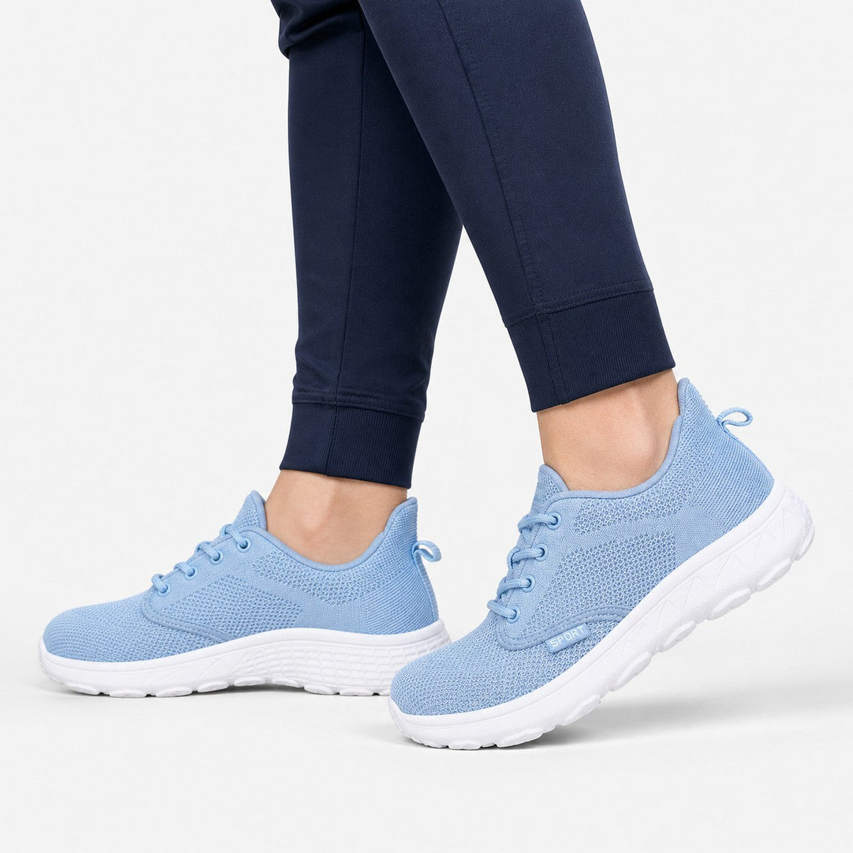 Freestep Womens Wide Toe Walking Shoes Sky Blue Model Wearing
