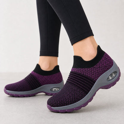 Grace Womens Orthopedic Comfort Shoes Purple Knit Model Wearing