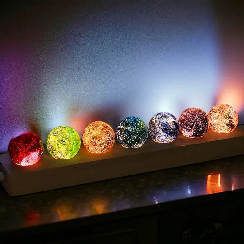 Luminous Crystal Galaxy Orb Set - LED Spheres on Wooden Base