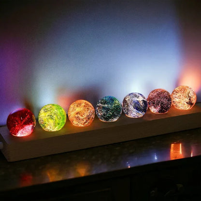 Luminous Crystal Galaxy Orb Set - LED Spheres on Wooden Base
