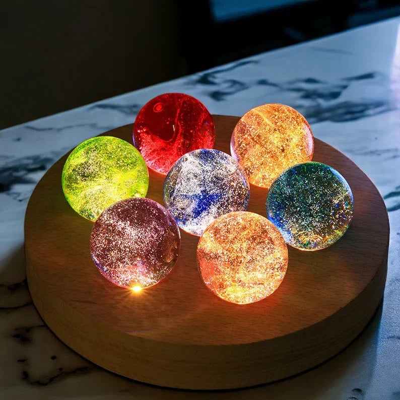 Luminous Crystal Galaxy Orb Set - LED Spheres on Wooden Base