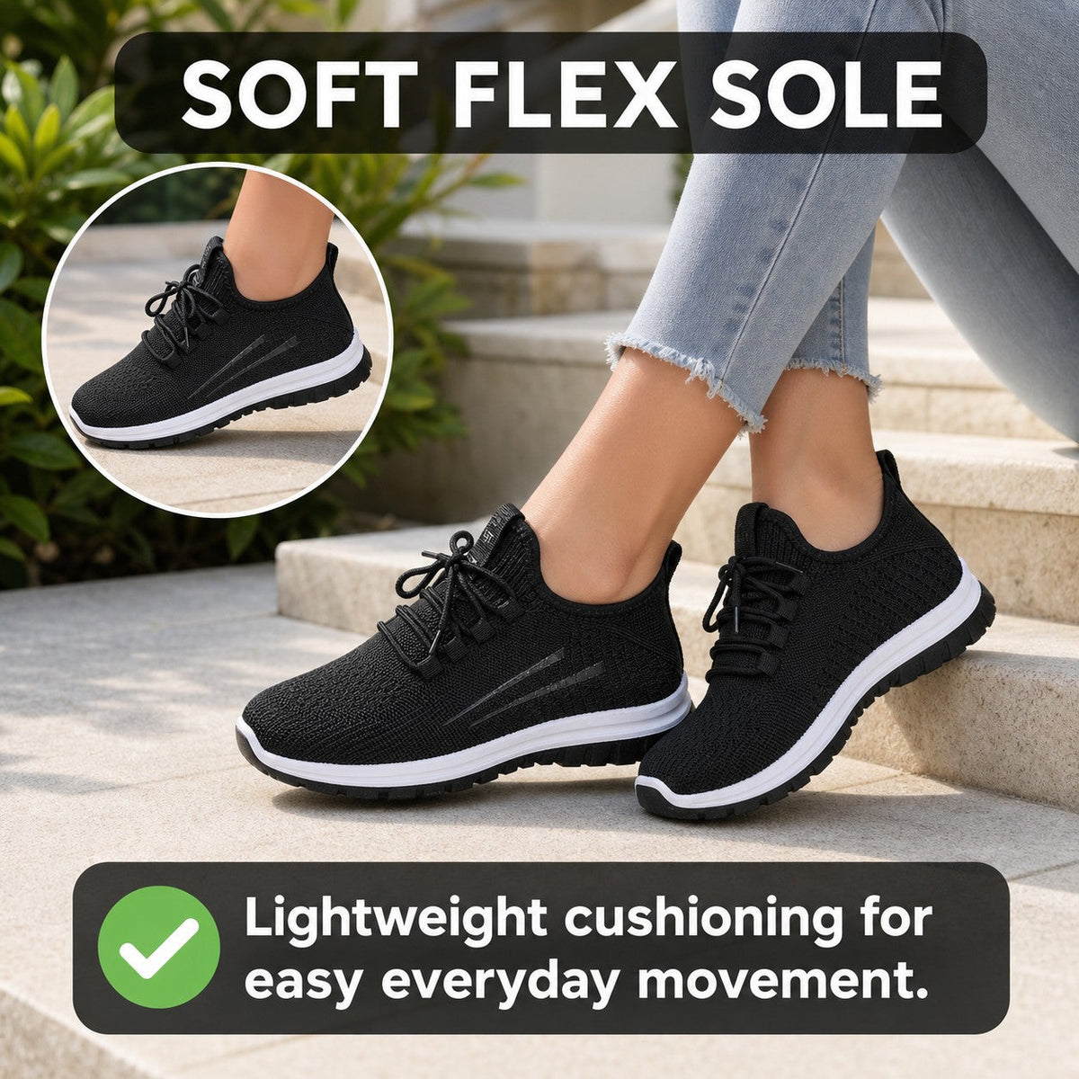 Luma Soft Sole Flyknit Sneakers For Women Black Soft Flex Sole Feature