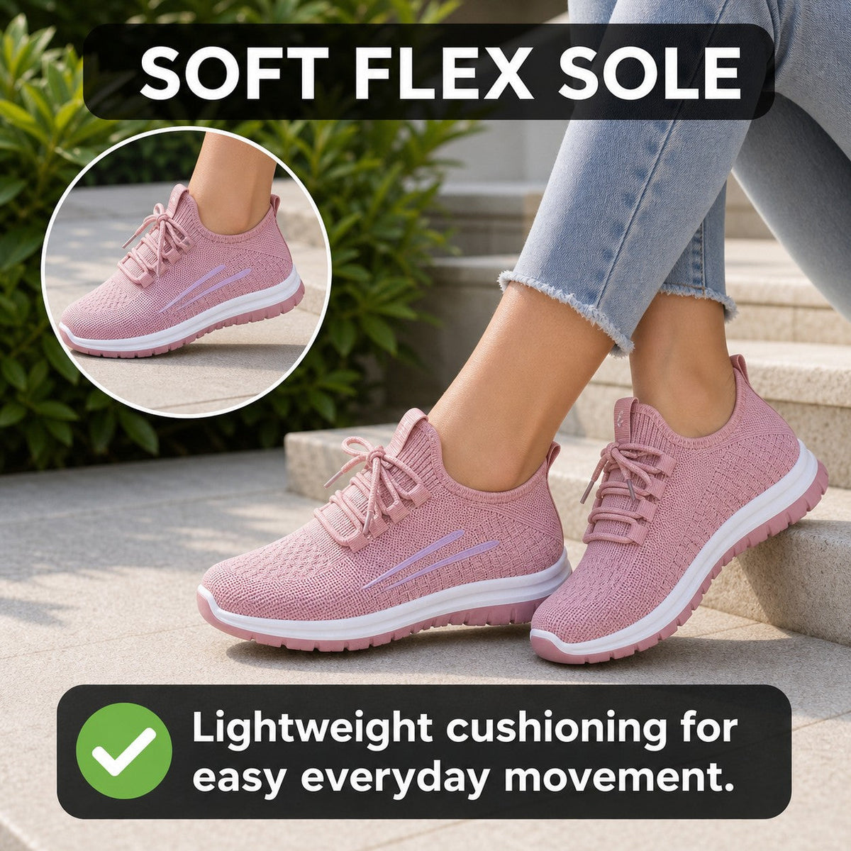 Luma Soft Sole Flyknit Sneakers For Women Blush Pink Soft Flex Sole Feature