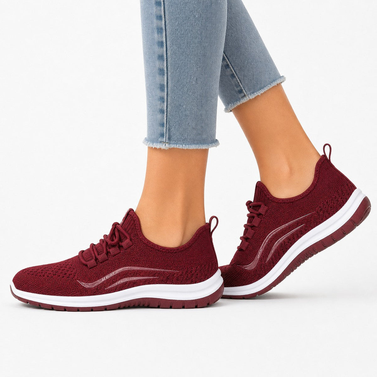 Luma Soft Sole Flyknit Sneakers For Women Wine Red Model Wearing