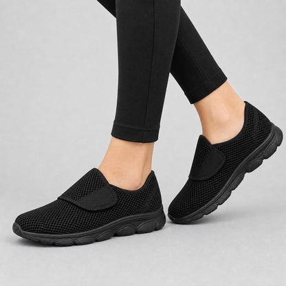 Mira Wide Fit Slip On Walking Shoes For Women All Black Model Wearing
