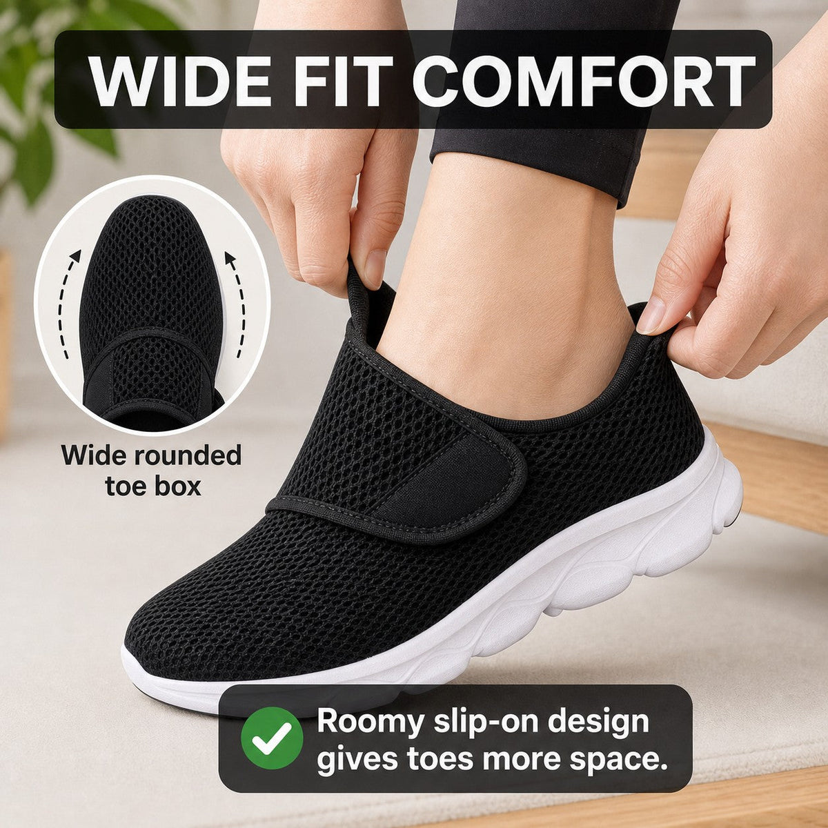 Mira Wide Fit Slip On Walking Shoes For Women All Black Wide Fit Comfort Feature